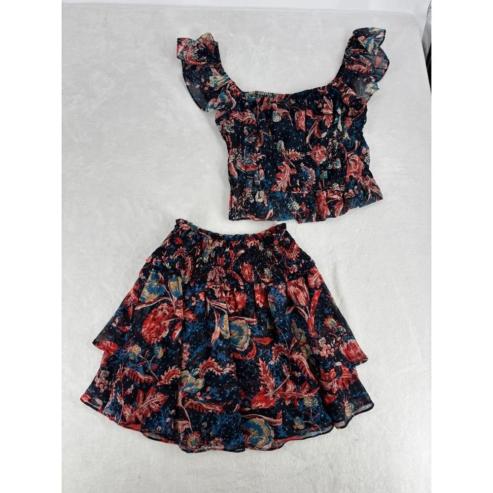 Express 2 Piece Set Womens S/XS Navy Floral Smocked Crop Top Tiered Skirt Boho‎